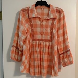 🍑Reba Peach & White Checkered Blouse